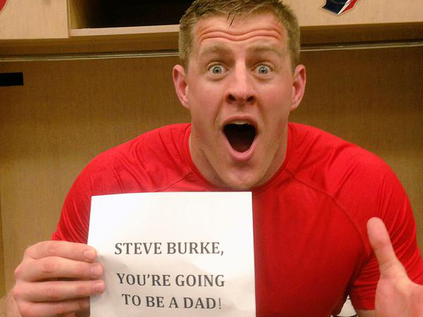 J.J. Watt, Houston Texans defensive end, Marcella Burke, a law clerk for Texas Supreme Court Justice Don Willett, tell her husband Steve Burke that she is pregnant, July 16, 2015 (Credit: Justice Don Willett via Twitter)