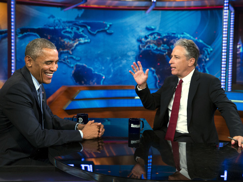 President Barack Obama, left, talks with Jon Stewart, host of