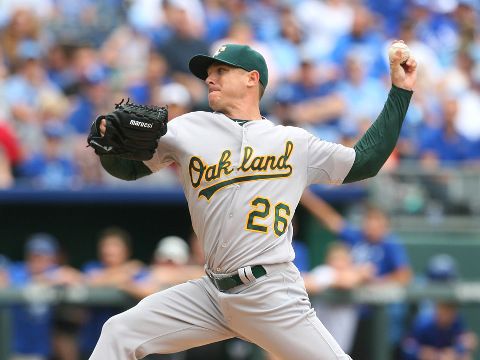 Oakland Athletics Starting pitcher Scott Kazmir (26) [3143] pitches in the first inning during the Oakland Athletics game versus the Kansas City Royals at Kauffman Stadium in Kansas City, Missouri, April 19, 2015 (Credit: Icon Sportswire/Scott Sewell)