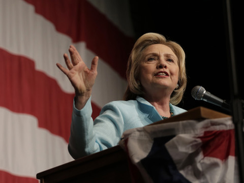 Democratic presidential candidate Hillary Rodham Clinton speaks at the Iowa Democratic Wing Ding at the Surf Ballroom, Clear Lake, Iowa, August 14, 2015 (Credit: AP Photo/Charlie Riedel)