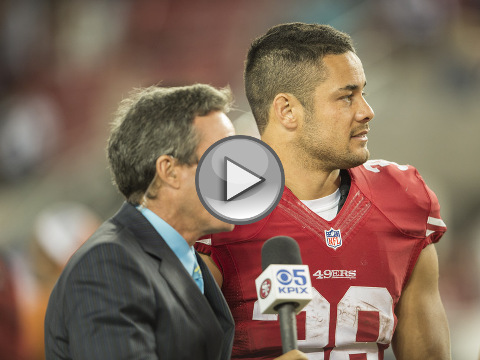 Jarryd Hayne (38) of the San Francisco 49ers speaks to the media following 23-6 NFL preseason win against the Dallas Cowboys at Levi's Stadium in Santa Clara, CA, August 23, 2015 (Credit: Icon Sportswire/Roy K. Miller)