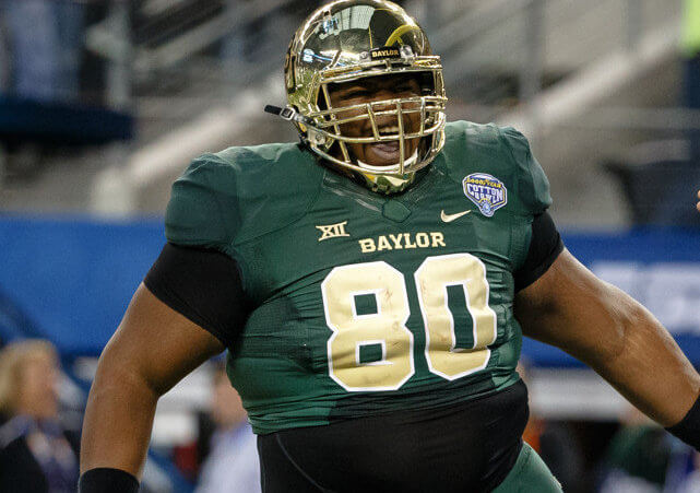 Baylor Bears offensive guard LaQuan McGowan (80) catches a pass for a touchdown during the Goodyear Cotton Bowl Classic between the Michigan State Spartans and the Baylor Bears played at AT&T Stadium, Arlington, Texas, January 1, 2015 (Credit: Icon Sportswire/Andrew Dieb)