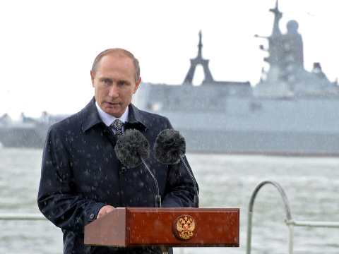 Russian President Vladimir Putin speaks as he attends a Navy parade in Baltiisk, western Russia, during celebrations for Russian Navy Day, July 26, 2015 (Credit: AP Photo/Mikhail Klimentyev)