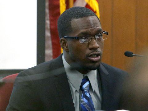 Sam Ukwuachu, one-time All-American who transferred to play football at Baylor University, on the stand during his trial accused of sexually assaulting a fellow student athlete in 2013, August 20, 2015 (Credit: AP Images/Waco Tribune-Herald/Jerry Larson)