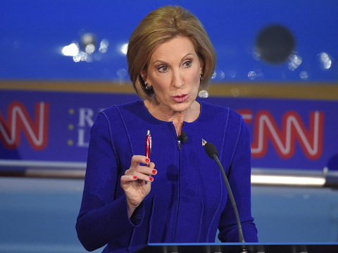 Republican presidential candidate, businesswoman Carly Fiorina makes a point during the CNN Republican presidential debate at the Ronald Reagan Presidential Library and Museum in Simi Valley, California, September 16, 2015 (Credit: AP Photo/Mark J. Terrill)