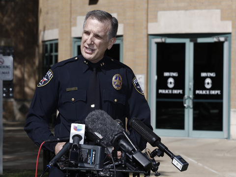 Irving police Chief Larry Boyd delivers a statement regarding Ahmed Mohamed, a 14-year-old student detained by police on Monday, during a news conference, September 16, 2015, in Irving, Texas. Police detained the 14-year-old Muslim boy after a teacher at MacArthur High School decided that a homemade clock he brought to class looked like a bomb, according to school and police officials. The family of Ahmed Mohamed said the boy was suspended for three days from the school in the Dallas suburb. (AP Photo/Brandon Wade)