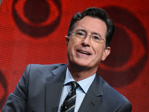 Stephen Colbert participates in 'The Late Show with Stephen Colbert' segment of the CBS Summer TCA Tour at the Beverly Hilton Hotel in Beverly Hills, California, August 10, 2015 (Credit: AP Photo/Richard Shotwell/Invision)