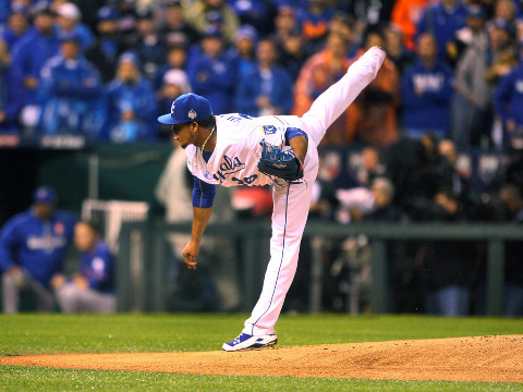 Kansas City Royals starting pitcher Edinson Volquez (36) pitches against the New York Mets during Game 1 of the World Series at Kauffman Stadium in Kansas City, Missouri, October 27, 2015 (Credit: Icon Sportswire/Scott Sewell)