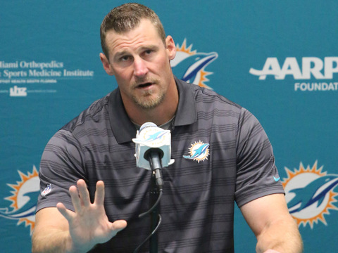 Miami Dolphins interim head coach Dan Campbell speaks during a press conference on Monday, Oct. 5, 2015, at the Dolphins training center in Davie, Fla. Campbell was announced as interim head coach after the Dolphins fired head coach Joe Philbin (Credit: Icon Sportswire/Hector Gabino)