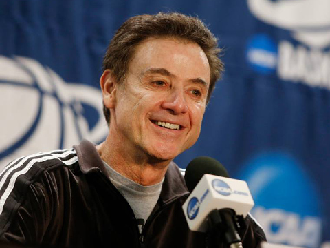 Rick Patino, head coach of University of Louisville men's basketball team, at a press conference ahead of his team's Elite 8 matchup against Michigan, in the NCAA tournament, March 27, 2015 (Credit: University of Louisville via Facebook)