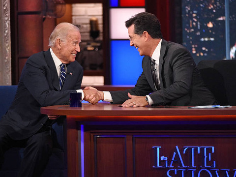 Vice President Biden shaking hands with Stephen Colbert on Late Show on CBS (Credit: Late Show with Stephen Colbert/CBS)