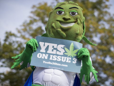 Buddie, the mascot for the pro-marijuana legalization group ResponsibleOhio, holds a sign during a promotional tour stop at Miami University, Oxford, Ohio, October 23, 2015 (Credit: AP Photo/John Minchillo)