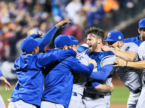 The Kansas City Royals celebrate their 7-2 victory over the New York Mets in the 5th and deciding game of the 2015 World Series at Citi Field in Flushing, NY, November 1, 2015 (Credit: Joshua Sarner/Icon Sportswire)