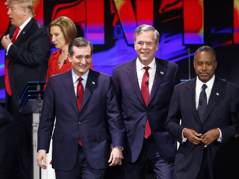Republican presidential candidates, from left, Donald Trump, Carly Fiorina, Ted Cruz, Jeb Bush, and Ben Carson leave the stage following the CNN Republican presidential debate at the Venetian Hotel & Casino on Tuesday, Dec. 15, 2015, in Las Vegas (Credit: AP Photo/John Locher)