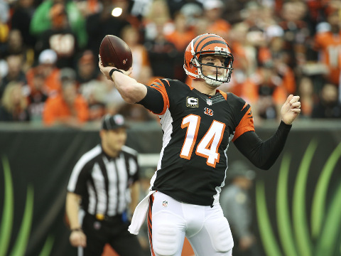 Quarterback Andy Dalton (14) of the Cincinnati Bengals throws against the Pittsburgh Steelers during the first quarter of the Bengals 33-20 loss at Paul Brown Stadium, December 13, 2015, Cincinnati, Ohio (Credit: Icon Sportswire/Mark Lyons)