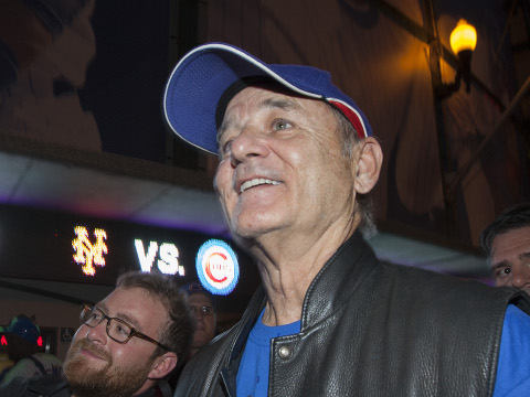 Chicago native actor Bill Murray enters Wrigley Field before Game 3 of the Major League Baseball National League Championship Series game between the New York Mets and the Chicago Cubs at Wrigley Field in Chicago, Illinois, October 20, 2015 (Credit: AP Images/Cal Sport Media/Mike Wulf)