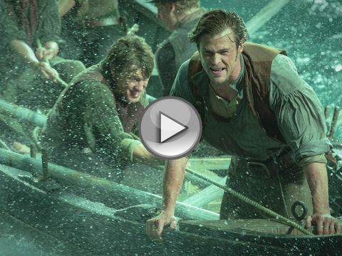 Chris Hemsworth as Owen Chase and Sam Keely as Ramsdell chase a great white whale in a whaleboat in a scene from the new Warner Brothers film directed by Ron Howard, In the Heart of the Sea, which is based on the book by Nathaniel Philbrick