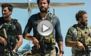 13 Hours: The Secret Soldiers of Benghazi: John Krasinski (C), who plays Jack Silva, walks with gun in hand, with David Denman (R), as Boon, and Pablo Schreiber, as Kris 'Tanto' Paronto, walking alongside in a scene from the new movie from Paramount Pictures, 13 Hours: The Secret Soldiers of Benghazi, directed by Michael Bay (Credit: Paramount pictures via Youtube)