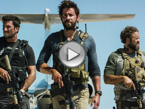 13 Hours: The Secret Soldiers of Benghazi: John Krasinski (C), who plays Jack Silva, walks with gun in hand, with David Denman (R), as Boon, and Pablo Schreiber, as Kris 'Tanto' Paronto, walking alongside in a scene from the new movie from Paramount Pictures, 13 Hours: The Secret Soldiers of Benghazi, directed by Michael Bay (Credit: Paramount pictures via Youtube)