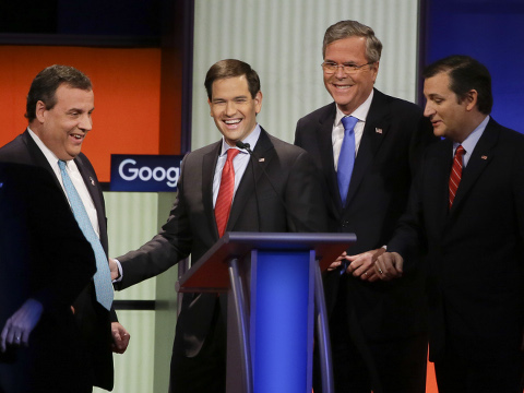 Republican presidential candidates (L-R) New Jersey Governor Chris Christie, Senator Marco Rubio, R-Florida., former Florida Governor Jeb Bush and Senator Ted Cruz, R-Texas, talk after the Republican presidential primary debate, Des Moines, Iowa, January 28, 2016 (AP Photo/Charlie Neibergall)