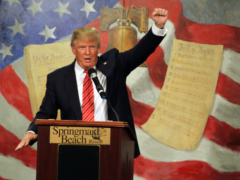 Republican presidential candidate Donald Trump speaks at the South Carolina Tea Party Convention at the Springmaid Beach Resort in Myrtle Beach, South Carolina, January 16, 2016 (Credit: AP Photo/Willis Glassgow)