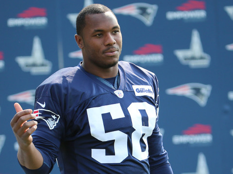 New England Patriots linebacker Darius Fleming (58) during New England Patriots training camp, August 15, 2015 (Credit: Icon Sportswire/Fred Kfoury III)