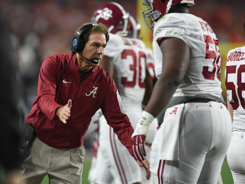 Alabama head coach Nick Saban celebrates after a touchdown run by Alabama (2) Derrick Henry in the first quarter during the College Football Playoff National Championship game between the Alabama Crimson Tide and the Clemson Tigers at University of Phoenix Stadium in Glendale, AZ, January 11, 2016 (Credit: Icon Sportswire/Chris Williams)