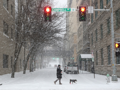 A woman strolls along Campbell Avenue at First Street with her dog as snow falls Friday morning from winter storm Jonas, which promises to deliver blizzard conditions all along the east coast, Roanoke, Virginia, January 22, 2016 (Credit: The Roanoke Times via AP/Stephanie Klein-Davis)
