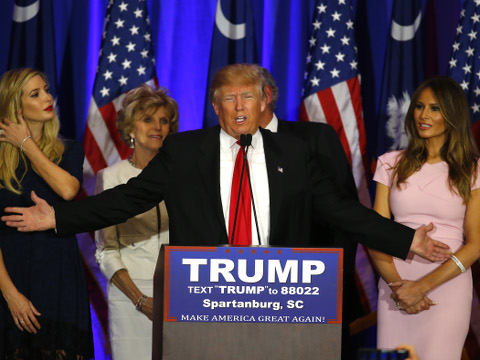 Republican presidential candidate Donald Trump speaks during a South Carolina Republican primary night event, Saturday, Feb. 20, 2016 in Spartanburg, S.C. Trump is the winner in the South Carolina Republican primary. (AP Photo/Paul Sancya)