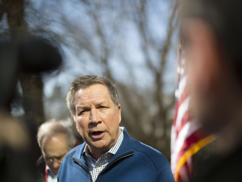 Republican presidential candidate, Ohio Gov. John Kasich speaks with members of the media during a campaign stop, Thursday, Feb. 11, 2016, in Pawleys Island, S.C. (AP Photo/Matt Rourke)