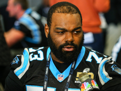Carolina Panthers tackle Michael Oher (73) during the Carolina Panthers press conference held at the San Jose Marriott in San Jose California. (Credit: Icon Sportswire/Rich Graessle)