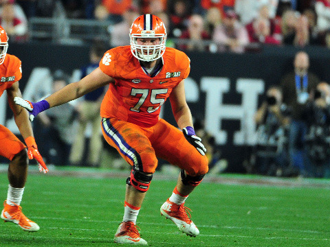 Mitch Hyatt #75 of Clemson during the 2016 College Football Playoff National Championship game between the Alabama Crimson Tide and the Clemson Tigers at University of Phoenix Stadium in Glendale, Arizona, January 11, 2016 (Credit: Cal Sport Media via AP Images/John Green)