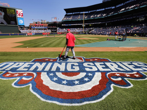 An opening day logo decorates the field before the start of the final season home-opening baseball game at Turner Field between the Atlanta Braves and the Washington Nationals, Monday, April 4, 2016, in Atlanta. The Braves will move to a newly constructed stadium for next season. (AP Photo/David Goldman)