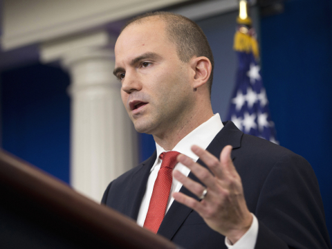 In this Feb. 16, 2016 file photo Deputy National Security Adviser For Strategic Communications Ben Rhodes speaks in the Brady Press Briefing Room of the White House in Washington. The White House is working to contain the damage caused by a magazine profile of one of President Barack Obama's top aides. In a blog post published late Sunday, May 8, 2016, Rhodes said the public relations campaign he created to sell the Iran nuclear deal was intended only