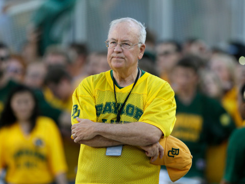 Baylor President Ken Starr waits to run onto the field before an NCAA college football game Saturday, Sept. 12, 2015, in Waco, Texas. (AP Photo/LM Otero)