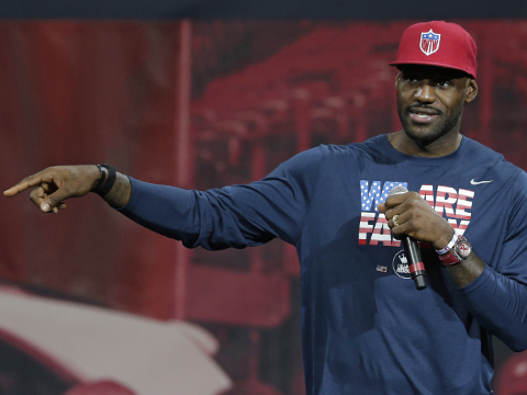 Cleveland Cavaliers' basketball player LeBron James speaks at The University of Akron, Wednesday, Oct. 21, 2015, in Akron, Ohio. James teamed up with first lady Michelle Obama to celebrate the importance of secondary education at a private event at the University of Akron. The NBA superstar, who went from high school to the pros, and first lady are hosting thousands of children and their parents at the school. (AP Photo/Tony Dejak)