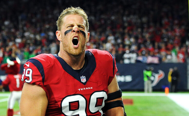 Houston Texans defensive end J.J. Watt (99) takes the field before an NFL football game against the New England Patriots, in Houston.