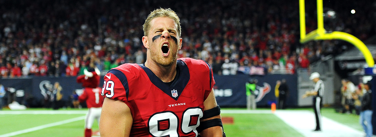 Houston Texans defensive end J.J. Watt (99) takes the field before an NFL football game against the New England Patriots, in Houston.