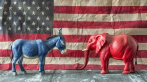 A blue donkey and red elephant on an American flag background to illustrate the political division in American culture. By MEHDI/stock.adobe.com