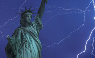 Lightning strikes the Statue of Liberty