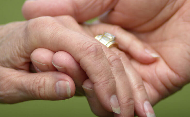 Closeup of a married elderly couple holding hands