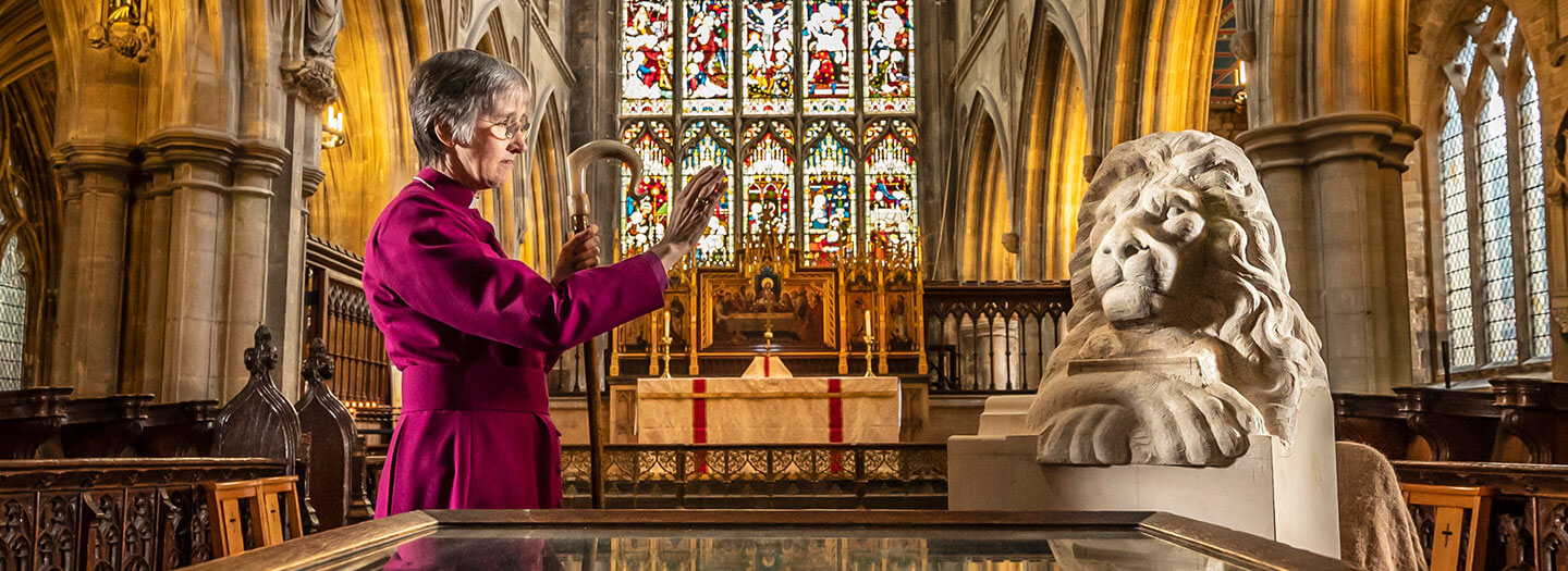 The Bishop of Hull Alison White during a photocall as she blesses a statue of Aslan, a character from the Chronicles of Narnia by CS Lewis, at St Mary's Church in Beverley, East Yorkshire on Monday August 17, 2020.