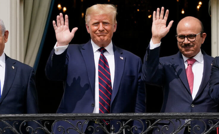 From left, Israeli Prime Minister Benjamin Netanyahu, President Donald Trump, Bahrain Foreign Minister Dr. Abdullatif Al Zayani, and United Arab Emirates Foreign Minister Sheikh Abdullah bin Zayed stand on the Blue Room Balcony during the Abraham Accords signing ceremony on the South Lawn of the White House, Tuesday, Sept. 15, 2020, in Washington. (AP Photo/Alex Brandon)