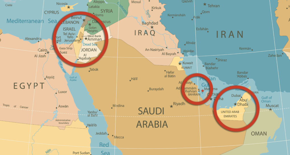A map of the Middle East highlighting Israel, Bahrain, and the United Arab Emirates in red circles