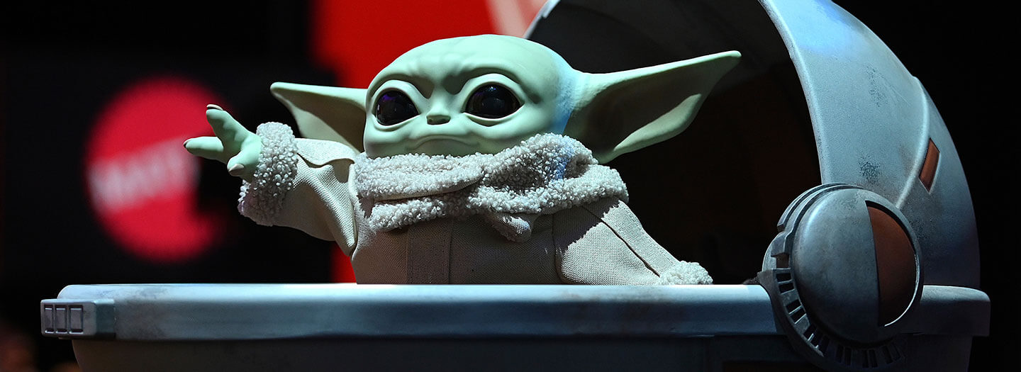 mattel's "baby yoda" on dispaly at the annual new york toy