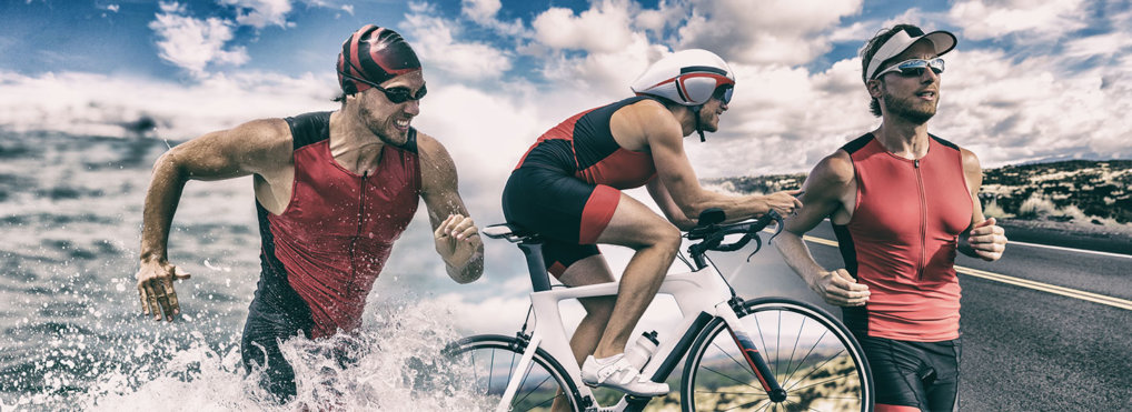 The same triathlete is shown three times: once running out of the ocean, once riding a bike, and once running on pavement