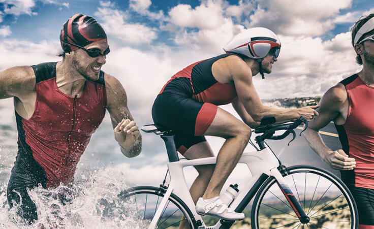 The same triathlete is shown three times: once running out of the ocean, once riding a bike, and once running on pavement