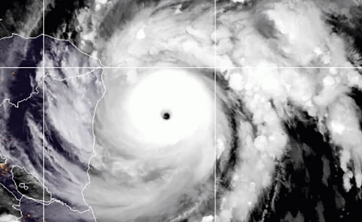 This satellite image made available by NOAA shows Hurricane Iota in the North Atlantic Ocean on Monday, Nov. 16, 2020.