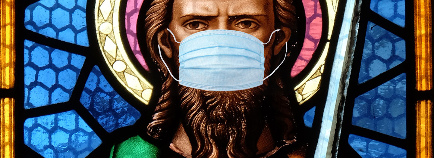 A stained glass image of the Apostle Paul, edited so that a present-day face mask covers his nose and mouth.