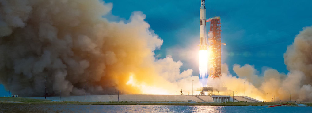 A rocket takes off